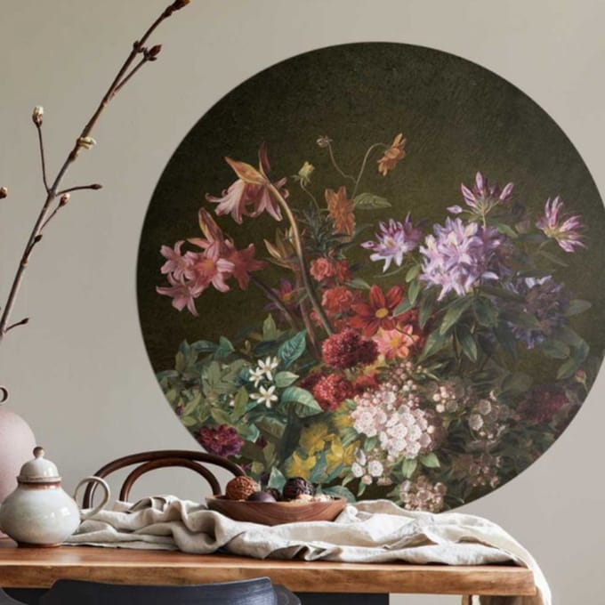 Behangcirkel 100cm Studio Wallz - Bloemen stilleven mix zwart goud