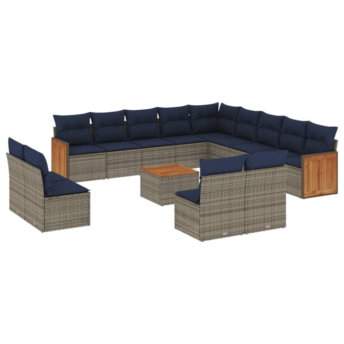 vidaXL - 14-delige - tuinbankset - met - kussens, - grijs - polyrotan