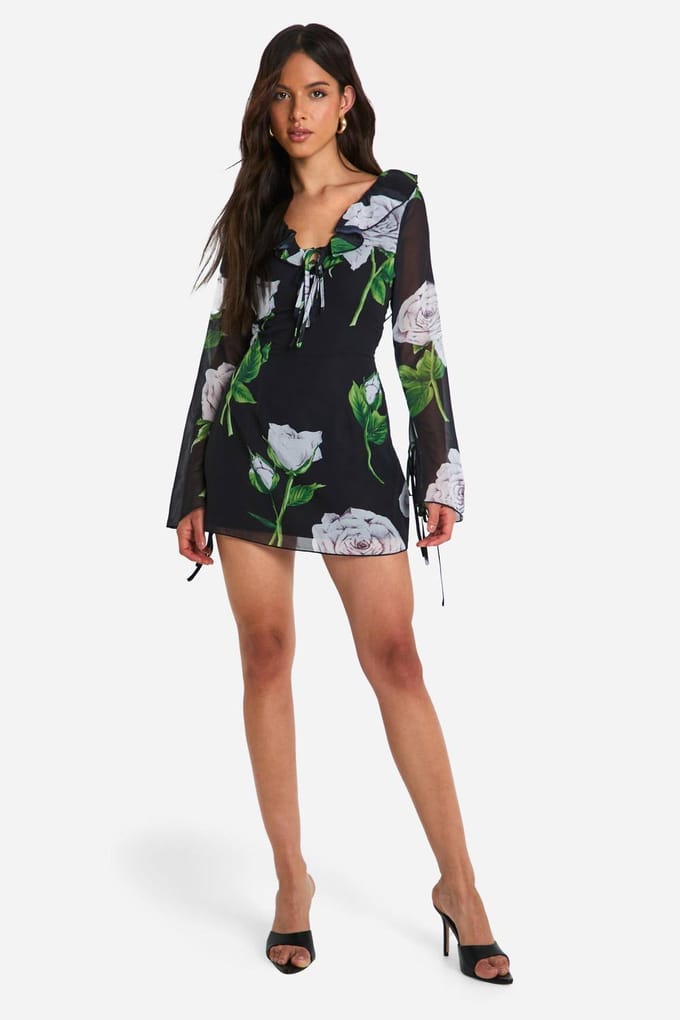 boohoo Dames Florale Chiffon Ruffle Shift Jurk | Black | Maat: 8
