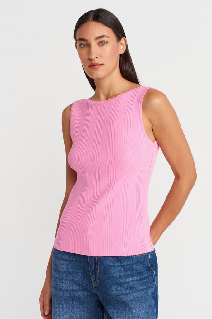 Geribbelde Mouwloze Boot-Hals Blouse
