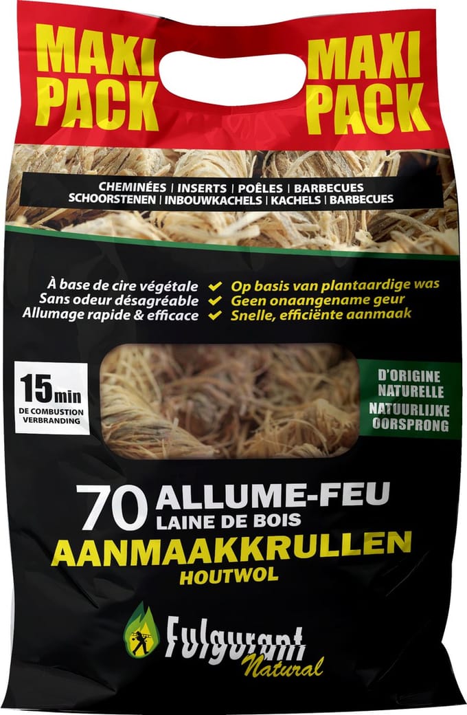 Fulgurant - 70 Houtwol aanmaakkrullen maxi pack - 100% natuurlijk - 1KG