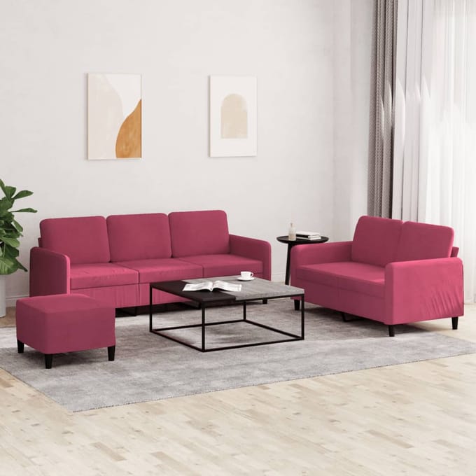 vidaXL - 3-delige - Loungeset - fluweel - wijnrood