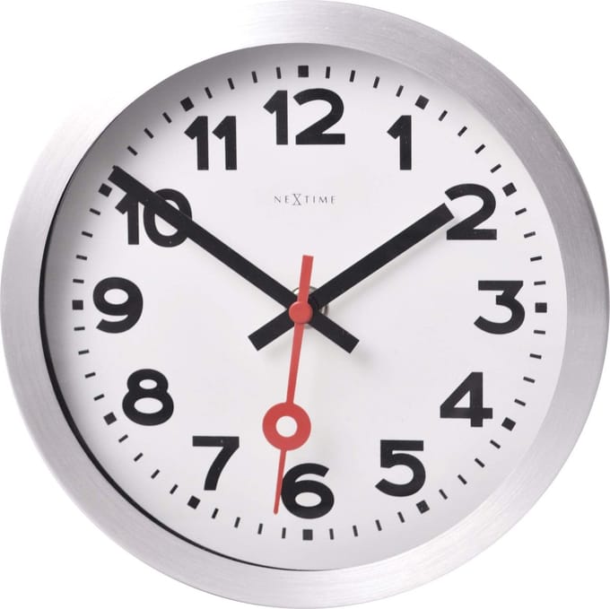 NeXtime Station – Wandklok/Tafelklok – 19 cm – Geborsteld Aluminium – Wit