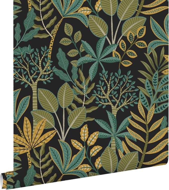 ESTAhome behang bladeren turquoise en olijfgroen - 50 x 900 cm - 130992