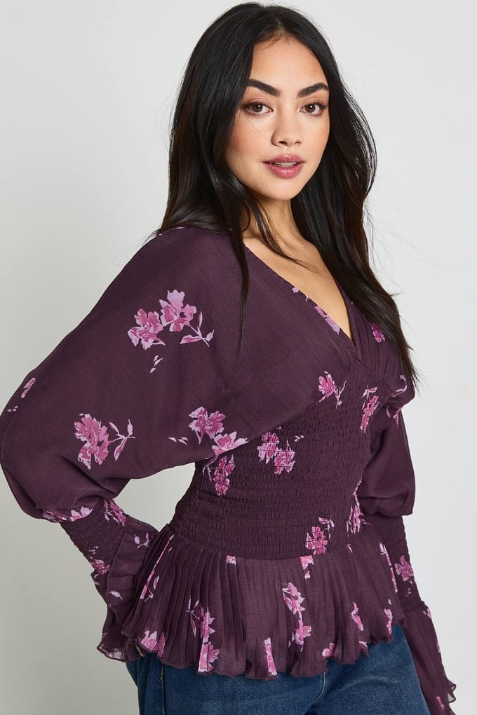 boohoo Dames Bloemen Chiffon Gerimpelde Blouse | Fig | Maat: 8