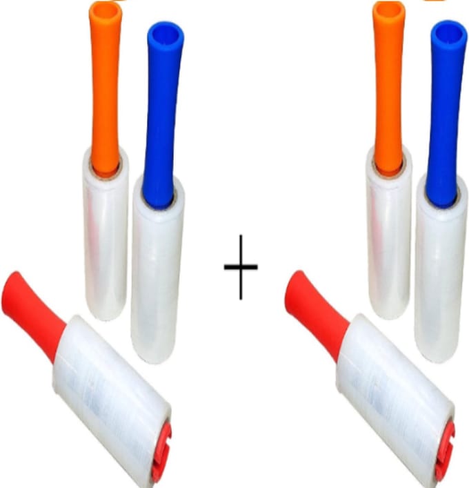 6X Stretchfolie wikkelfolie met handvat afroller 750cm x 14cm transparant