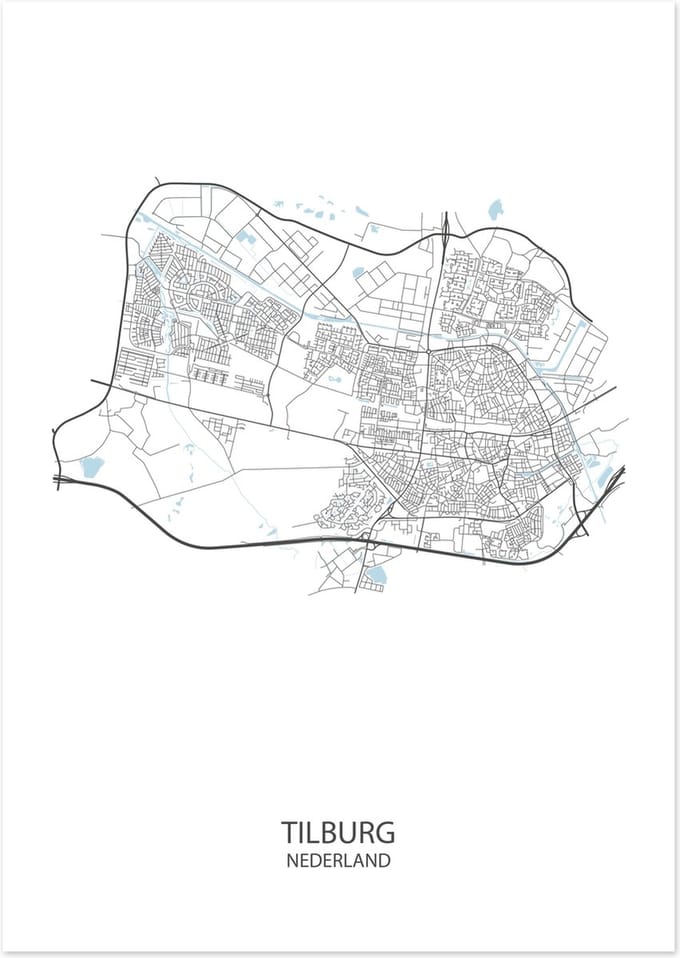 De Lange Koe Poster - Tilburg Plattegrond - 42 X 29.7 Cm - Wit