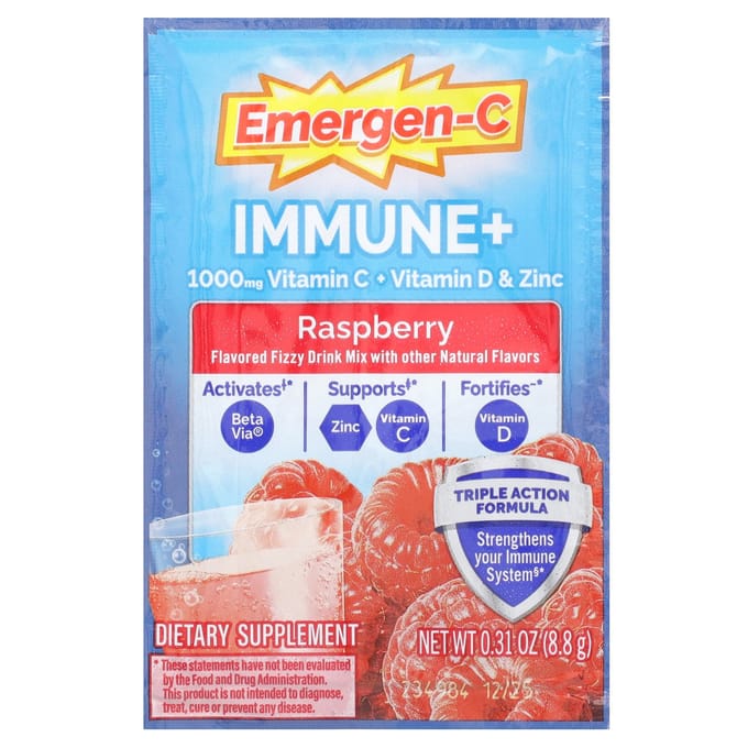 Emergen-C, Immune+ Vitamine C + Vitamine D et Zinc, Framboise, 30 sachets, 8,8 g (0,31 oz) chaque