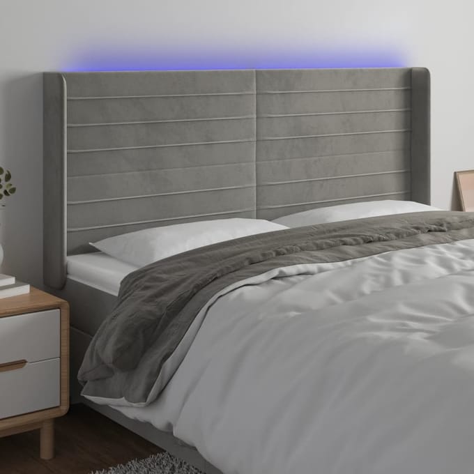 vidaXL - Hoofdbord - LED - 203x16x118/128 - cm - fluweel - lichtgrijs