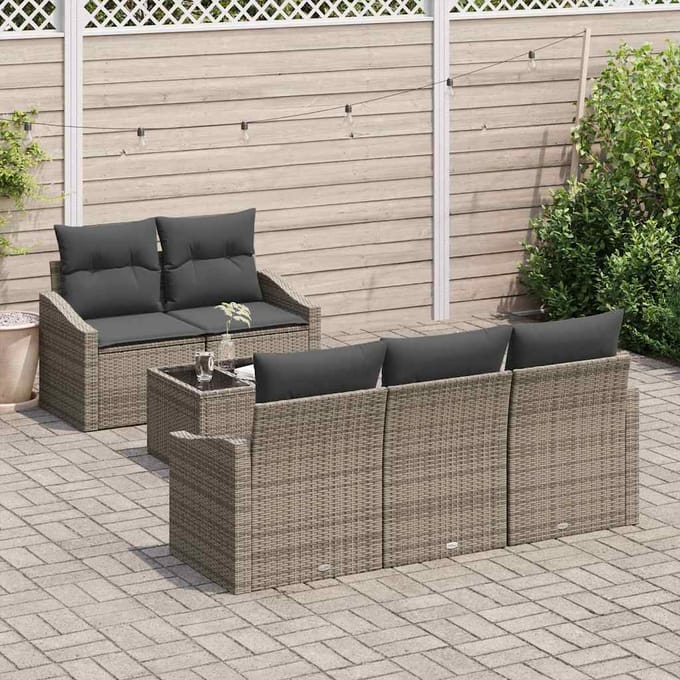 vidaXL Bankstel met kussen met opslag 6 pcs Grijs poly rattan