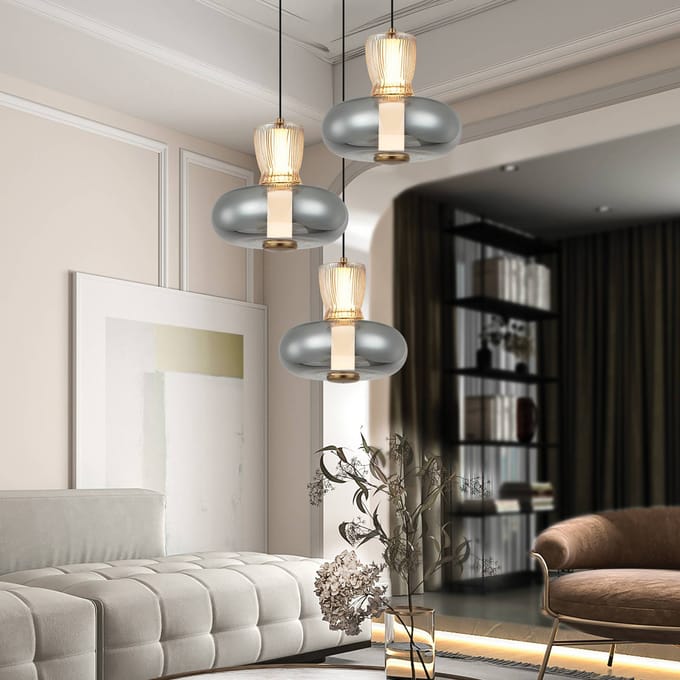 Viokef LED hanglamp Sire, Ø 42 cm rook/brons metaal/glas 3-lamps.