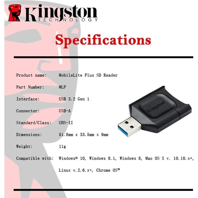 Kingston MLP SD Kaartlezer USB 3.2 UHS-II SD Kaartlezer SDHC SD Lezer SDXC Geheugenkaartlezer USB Adapter MobileLite Plus voor Computer MLP【SD Card Reader】