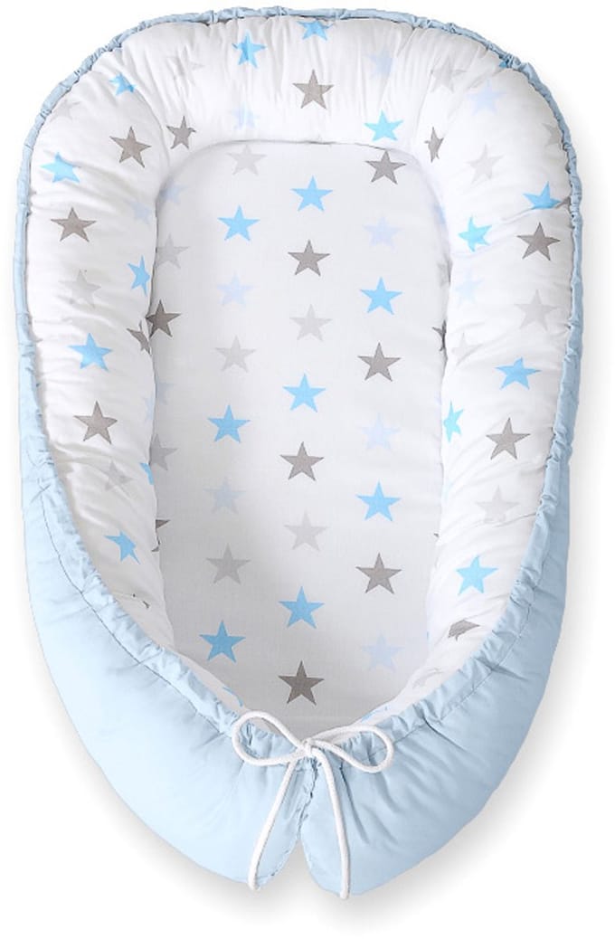 Babynest dubbelzijdig Premium Cocoon voor baby's BOBONO- grijsblauwe sterren/ blauw