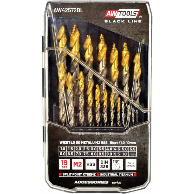 Awtools Black Line - Metaalboor Set - HSS-M2 - TiN Coating - 19 Stuks