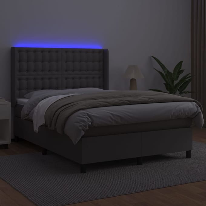 vidaXL - Boxspring - met - matras - en - LED - kunstleer - grijs - 140x190 - cm