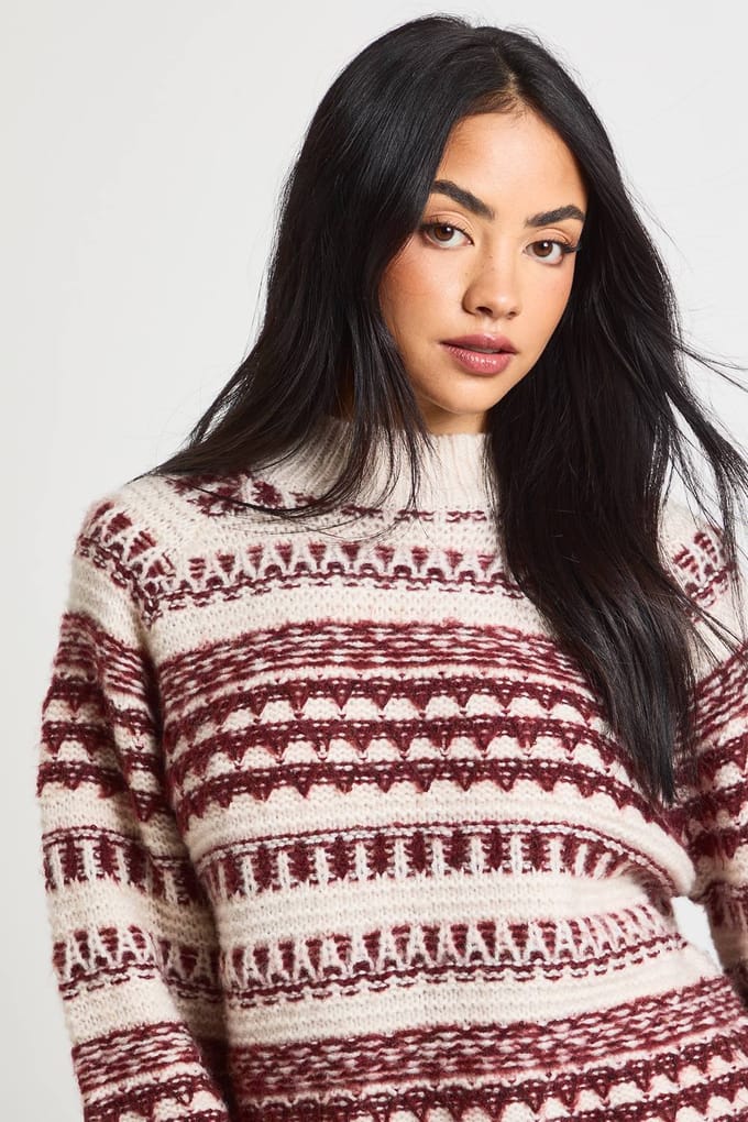 boohoo Dames Oversized gebreide trui met grove, getextureerde steekdetails | Burgundy | Maat: Medium
