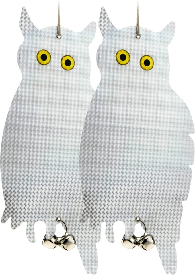 PrimeMatik - Vogelwerper Vogelwerend middel Vogelverschrikker type reflecterende uil en bellen 2-pack