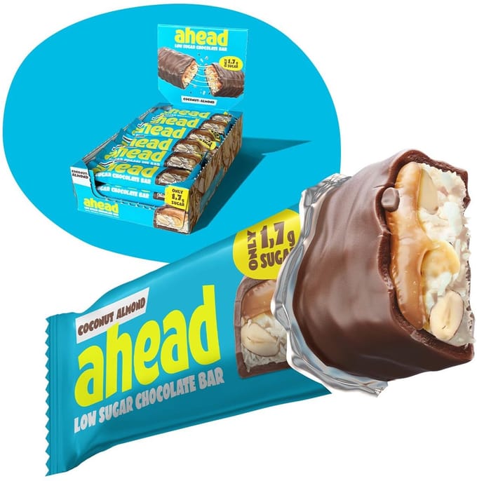 ahead Chocolate Bar – Suikerarme Chocoladereep – Doos – Low Sugar, Low Carb – Max. 2,1g Suiker per Reep