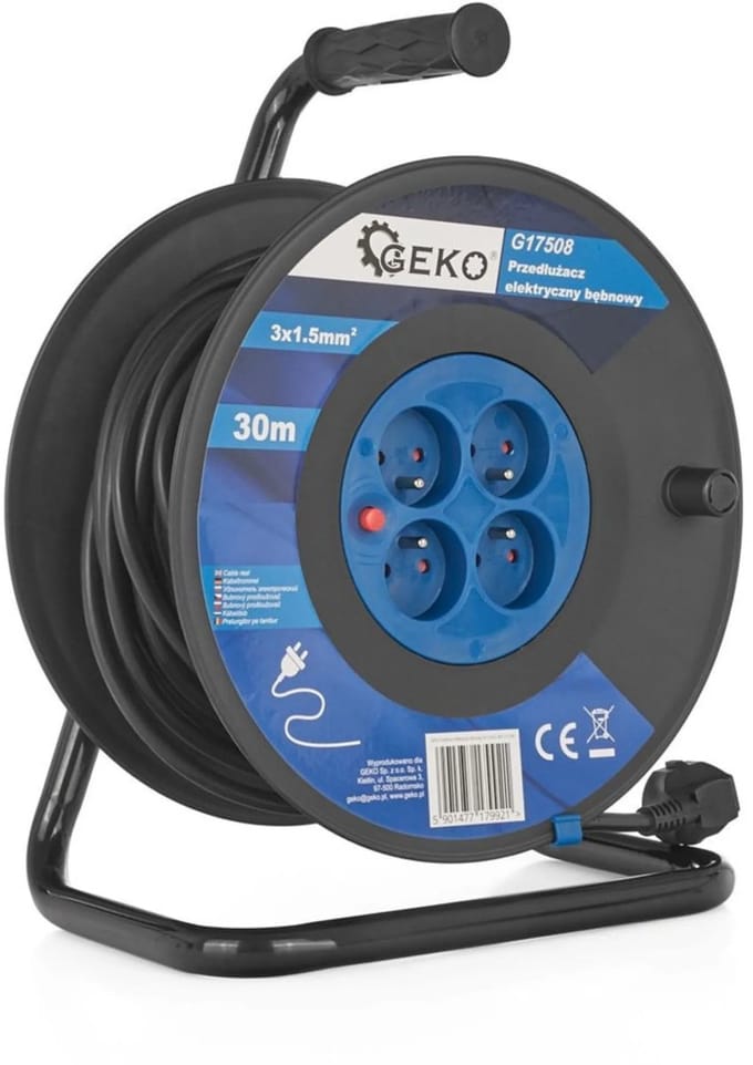 GEKO Elektrische kabelhaspel - 30m - 4 stopcontacten - 1.5mm² koper - Zwart