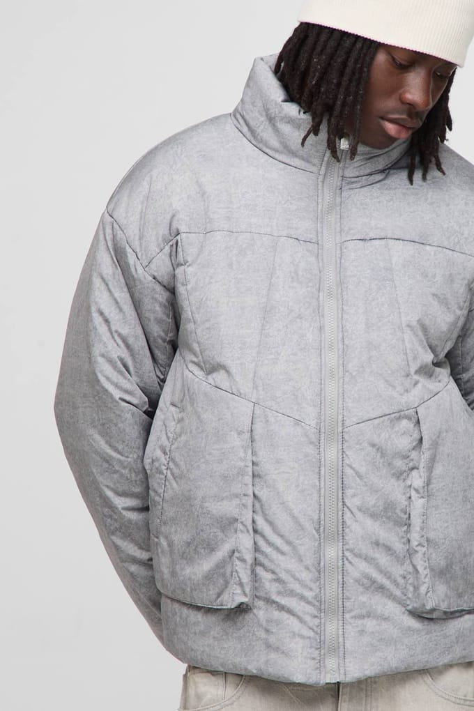 Oversized Boxy Fit Washed Nylon Padded Funnel Neck Puffer Jacket | Grey | Size Medium