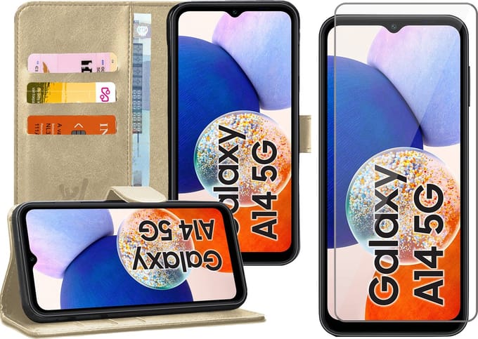Hoesje geschikt voor Samsung Galaxy A14 - Screen Protector GlassGuard - Book Case Kunstleer Pasjeshouder Goud & Screenprotector