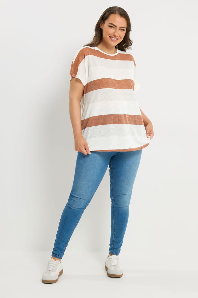 Yours Oranje Gestreepte Top Met Glittereffect Size 46