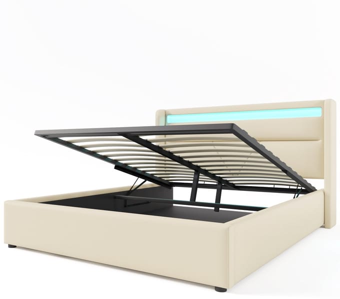 COVREO Bedframe 160x200 cm - wit PU, LED en opbergruimte, zonder matras