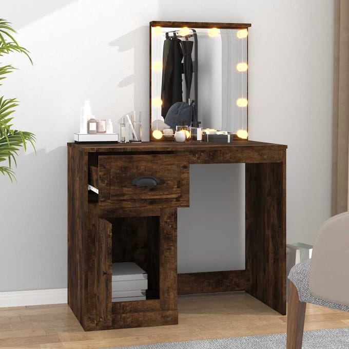 vidaXL - Kaptafel - met - LED - 90x50x132,5 - cm - bewerkt - hout - gerookt - eikenkleur