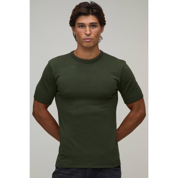 Muscle Fit Soft Touch Knitted T-Shirt | Olive | Size Small