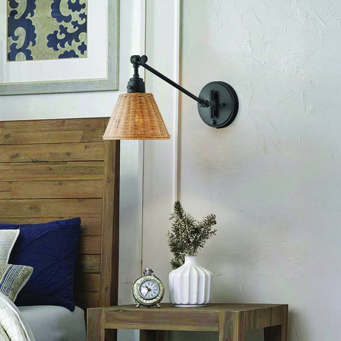 Hinkley LED Wandlamp Arti | 1X E27 Max 60W | Black, Natural Rattan Shade