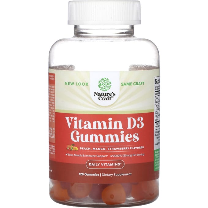 Nature's Craft, Gummies à la vitamine D3, pêche, mangue, fraise, 2 000 UI (50 mcg), 120 bonbons gélifiés (1 000 UI (25mcg) par bonbon)