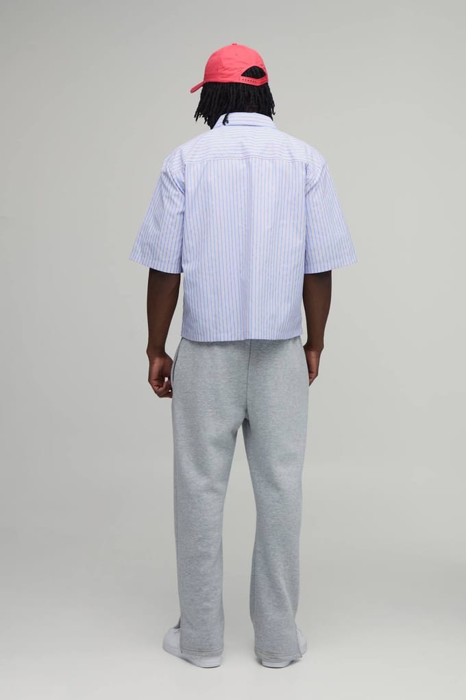 Lang Oversized Boxy Shirt Met Halve Mouwen En Geborduurd Multistreep Patroon | Blue | Size Medium