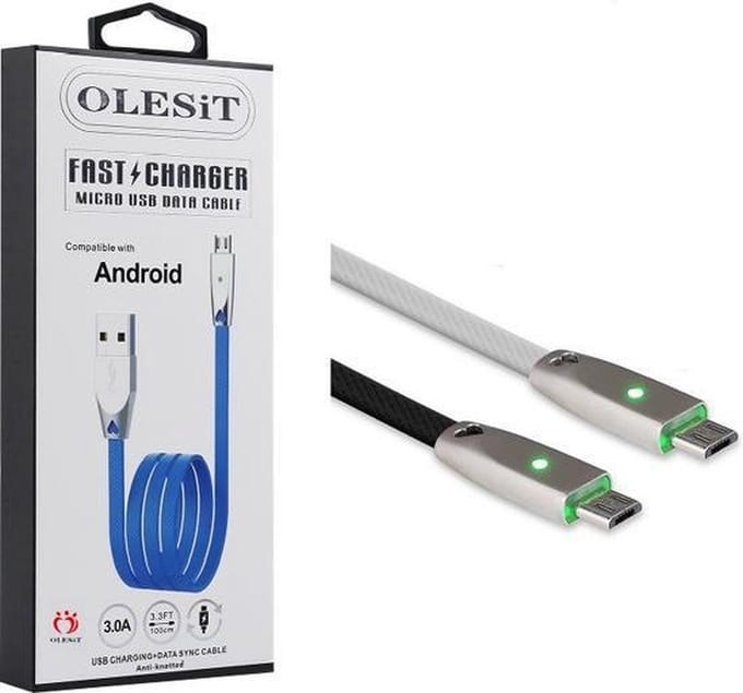 OLESiT Noodle TPE Micro-USB Kabel – 3A Snellaadkabel met LED – Nylon Oplaadkabel en Datakabel - Zwart