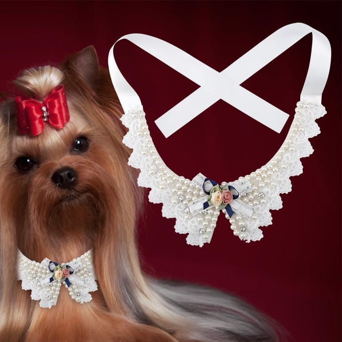 Verstelbare Vlinderdas Huisdier Hond Halsband Mooie Parel Bloem Ketting white