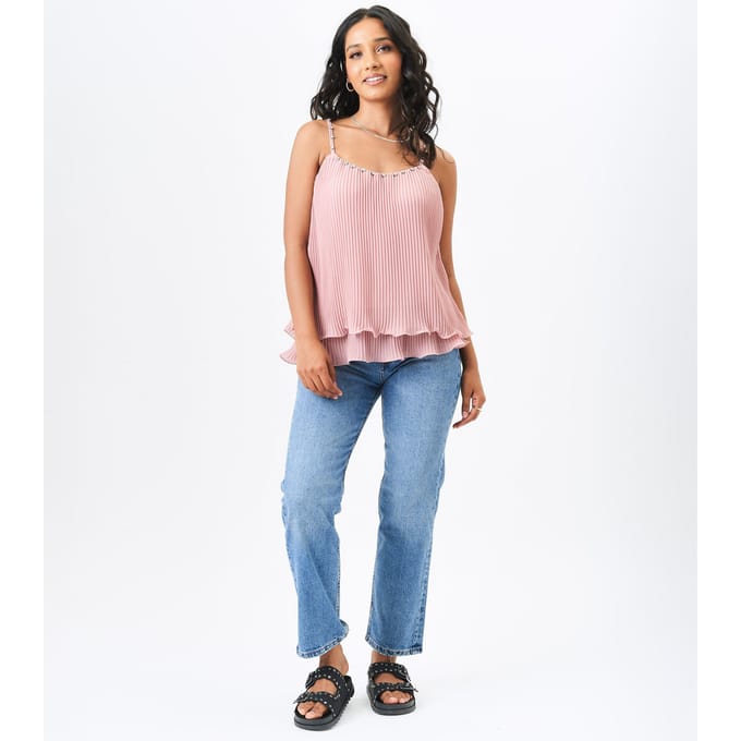 Blush Diamante Trim Dubbellaagse geplooide cami