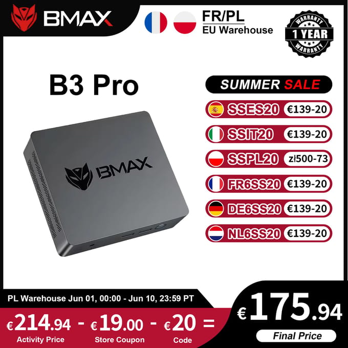 Bmax B3 Pro Mini PC Intel N4500 Processor Intel HD Graphics 8GB RAM 256GB SSD Windows 11 Ondersteuning 4K 60Hz Wifi HDMI USB Mini Computer