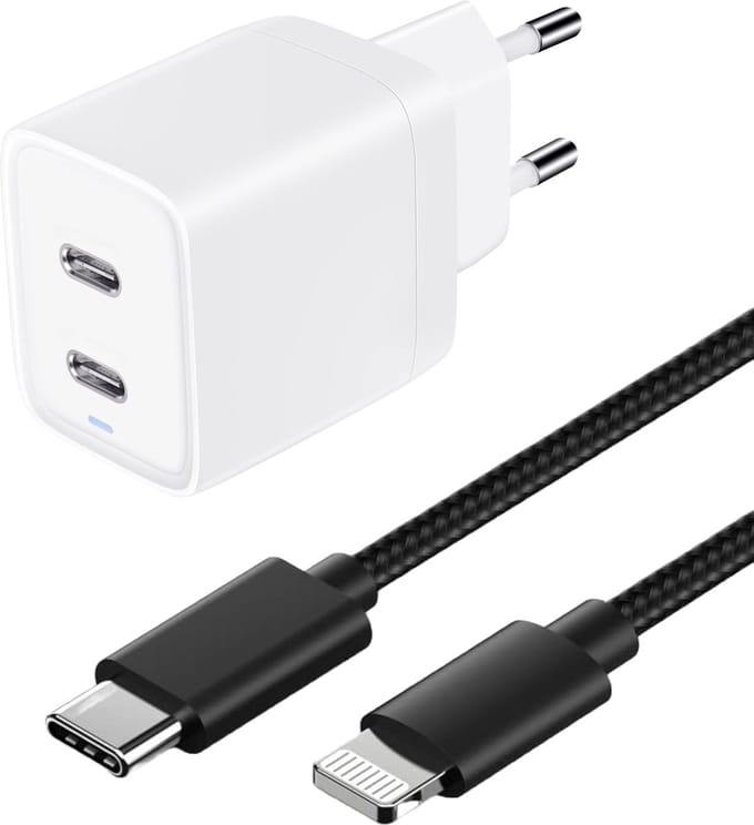 Lange snellader 2 poorten geschikt voor Lightning (iPhone 14/13/12) - 45w Snellader - Usb-C Power Adapter - 1 Meter