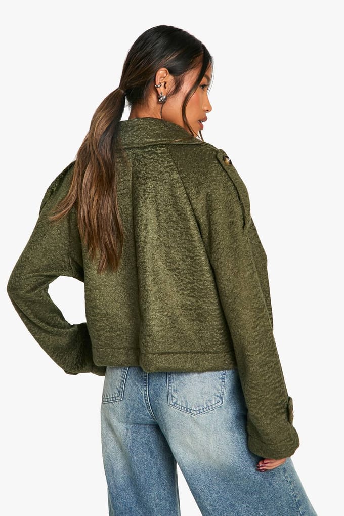 boohoo Dames Textured Wool Look Double Breast Jacket | Khaki | Maat: 12