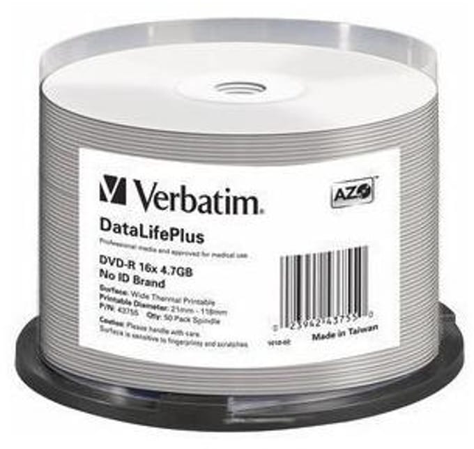 Verbatim DVD-R4,7Gb thermisch-wit non-id, Cakebox van 50 stuks (43755)