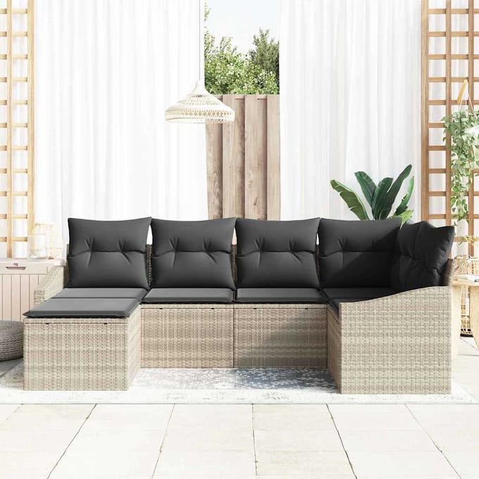 vidaXL Tuin Eetset 6 st Lichtgrijs Poly Rattan en Poedergecoat Staal
