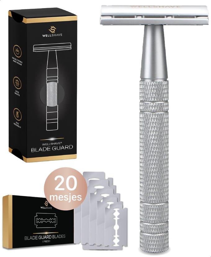 Wellshave Safety Razor Grijs - RVS + 20 Scheermesjes - Vrouwen & Mannen - Scheermes - Veiligheidsscheermes - Double Edge - Single Blade