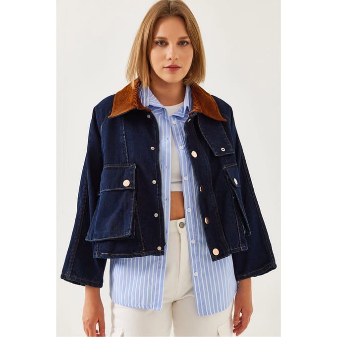 Denim Overhemdjack met Fluwelen Kraag