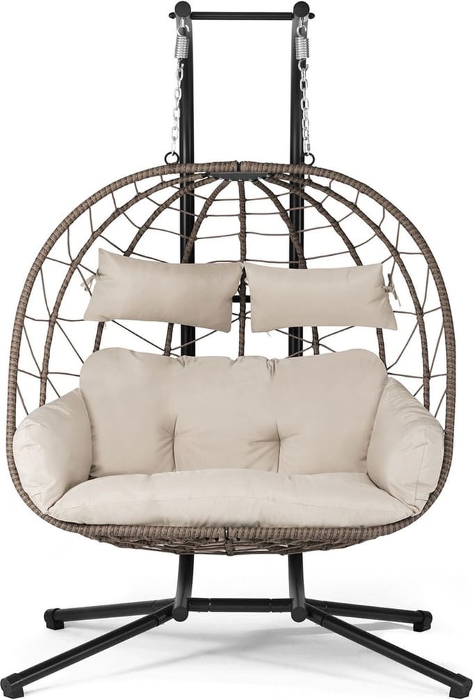 Juskys Polyrotan Dubbele Hangstoel Aria - Beige - Incl. Onderstel & Kussens