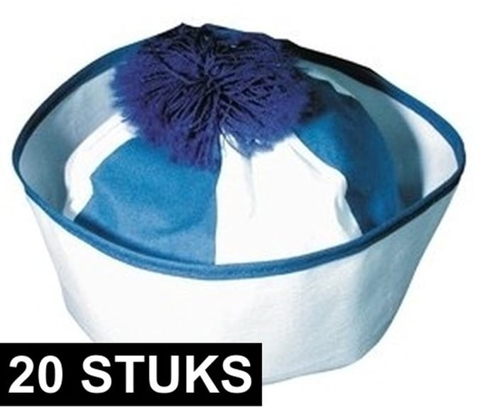 Boland Matrozen hoedje / matrozenpetjes - 20x - wit/blauw - D58 cm - volwassenen