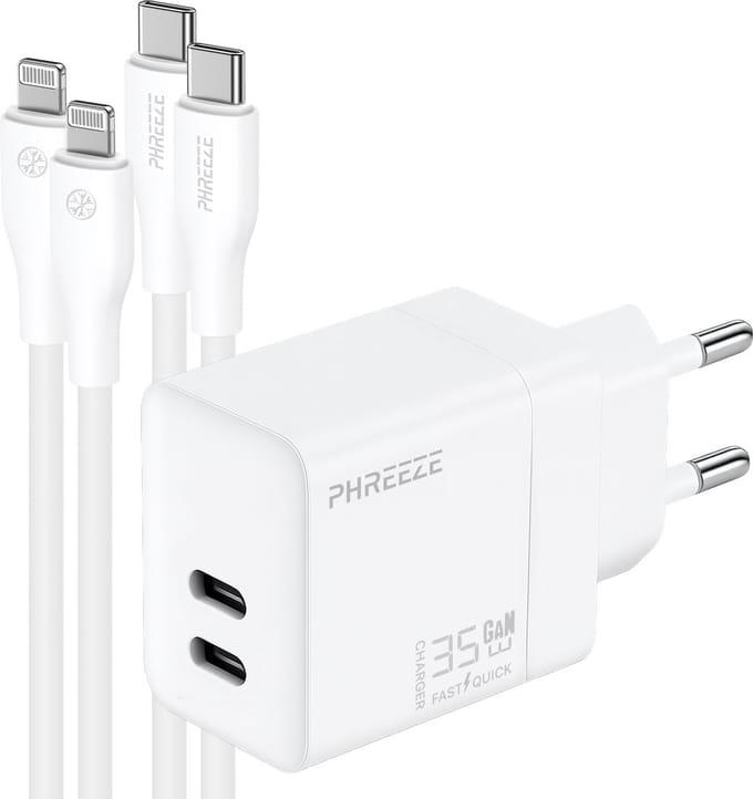 Phreeze usb C adapter 35w geschikt voor iPhone en iPad - Met Lightning kabel - Power Delivery snellader met 2 kabels 1m