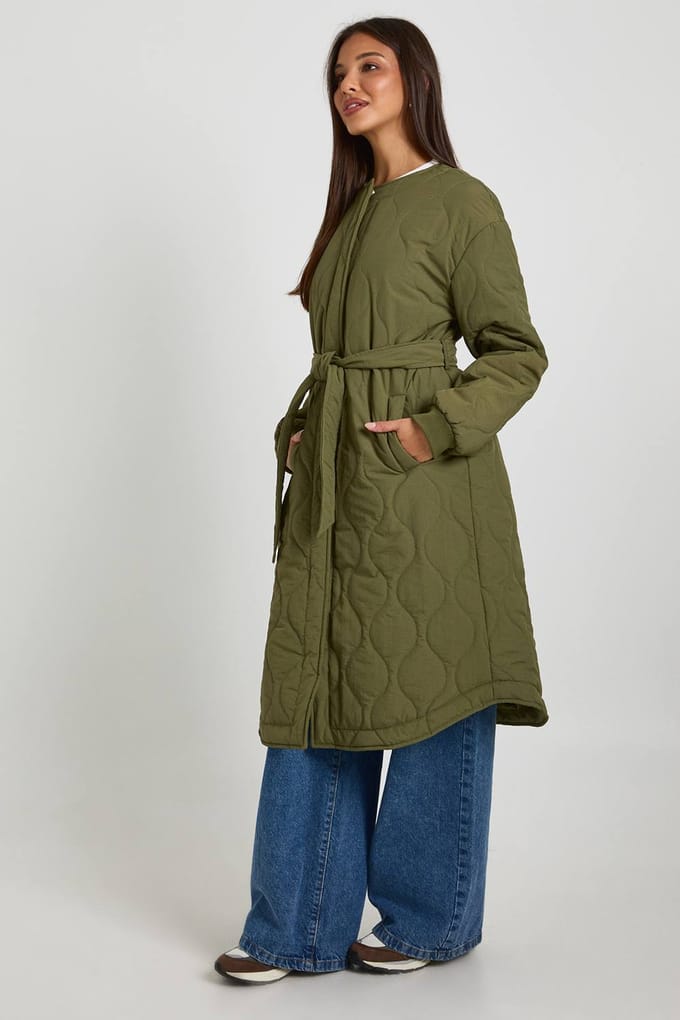 boohoo Dames Longline Gewatteerde Puffer | Khaki | Maat: 10