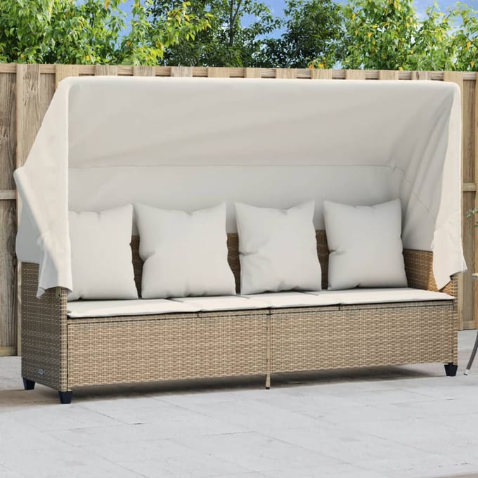 vidaXL - Ligbed - met - luifel - en - kussen - poly - rattan beige