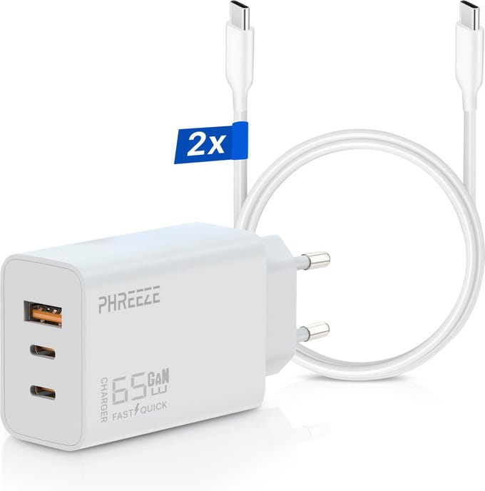 65w usb C Lader met 3 Poorten (2x usb-C, 1x usb-A) - Inclusief 2x usb C Kabels 2 Meter - Supersnelle Adapter