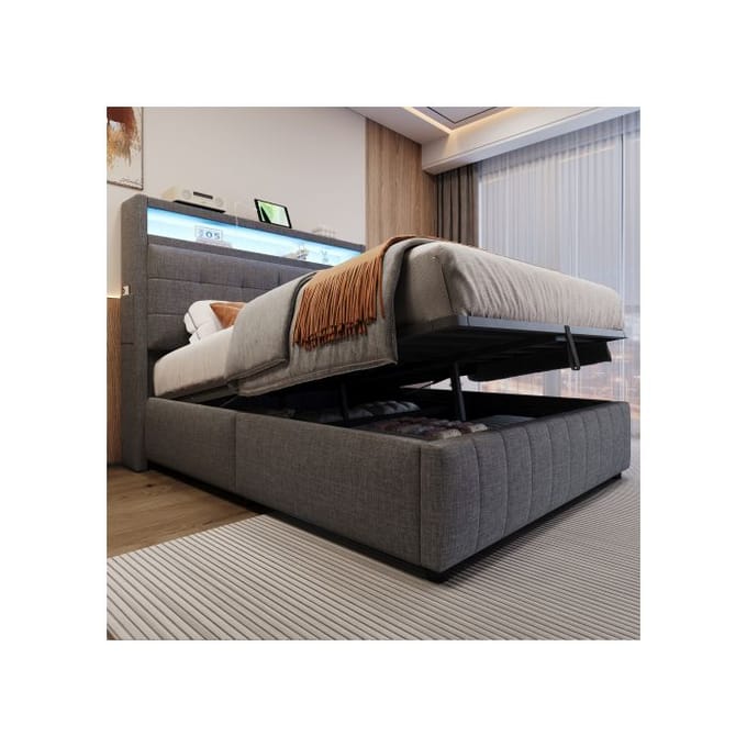 Lit - MUVOE - 140x200 cm - Rembourré en lin gris - Éclairage LED - Prise USB gris