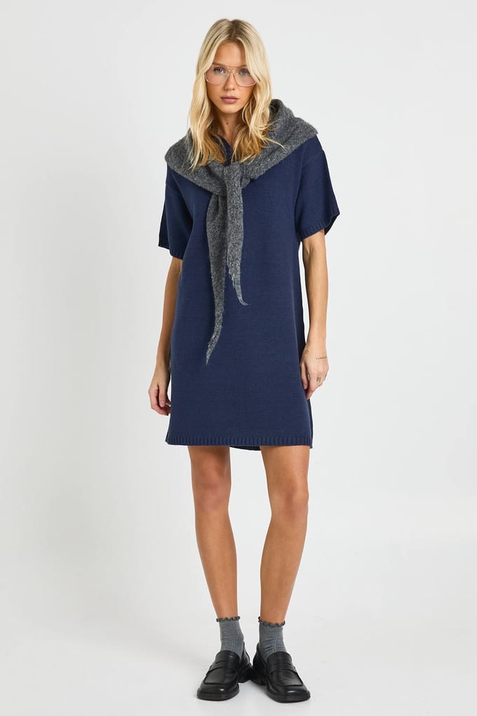 boohoo Dames Oversized gebreide jurk met kraag en knoopjes | Navy | Maat: Small